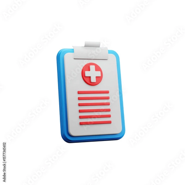 Fototapeta The white and blue clipboard has a clean, rounded design. The paper that holds the tablet features a large white medical cross with a transparent background