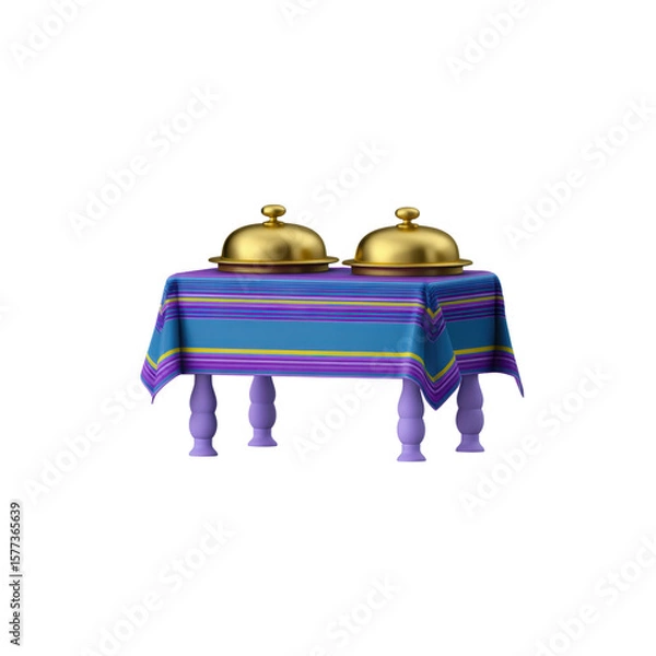 Fototapeta A business-themed table draped with a blue cloth featuring purple and gold stripes. Resting on the table are two covered dishes, each with a golden finish, transparent background