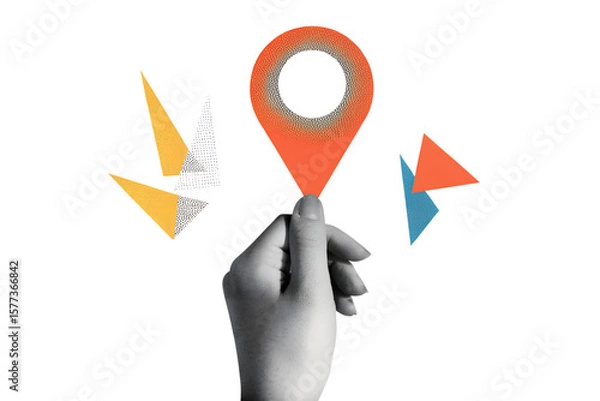 Fototapeta Black and white hand holds a red location pin. Destination sign in an arm in a modern collage style. Illustration on transparent background