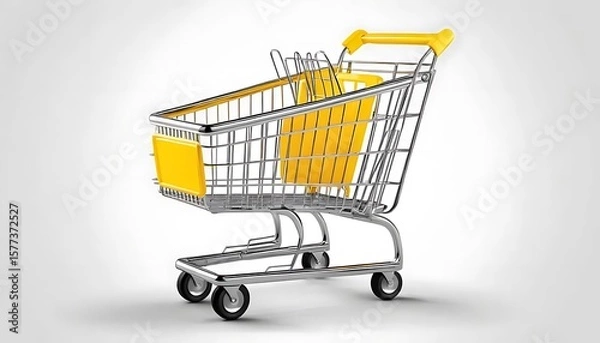 Obraz Realistic 3D rendered image of a metallic shopping cart with bright yellow plastic elements. Perfect for retail, supermarket, online store, or shopping-related designs and interfaces.