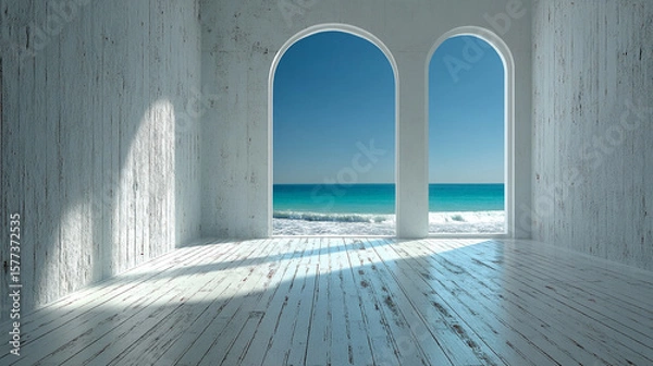 Obraz A serene coastal room with distressed white wood overlooks the tranquil blue ocean through elegant arched .
