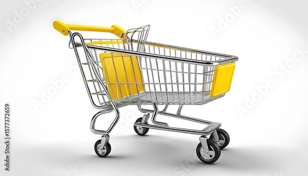 Obraz Realistic 3D rendered image of a metallic shopping cart with bright yellow plastic elements. Perfect for retail, supermarket, online store, or shopping-related designs and interfaces.