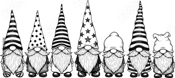 Fototapeta Seven gnomes standing in a row with different patterned hats black and white