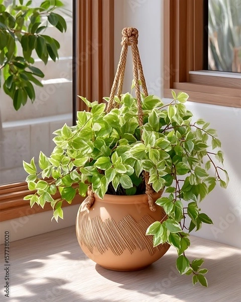 Fototapeta Hanging potted plant with variegated leaves in decorative terracotta pot by window high resolution image