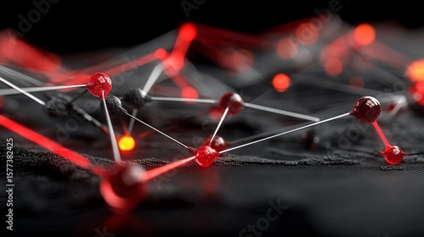 Fototapeta Dynamic red and black spheres form an intricate abstract network representing data flow.