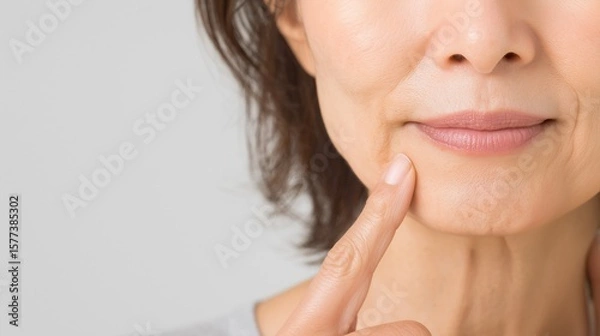 Obraz 老化を感じる口元を指さす女性