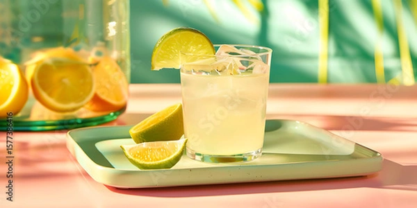 Fototapeta Glass of Lemonade with Lime Garnish on Tray and Pitcher of Lemons in Background

