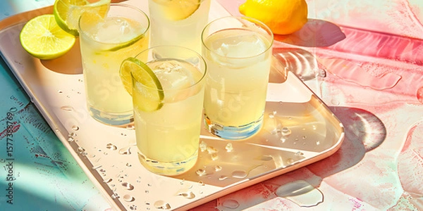 Fototapeta Refreshing Lemonade with Lime Slices Served on a Tray

