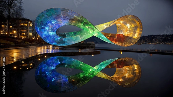Fototapeta A stunning illuminated Mobius strip art installation casts colorful reflections on the tranquil water at night.