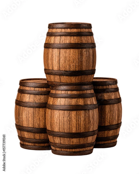 Obraz Isolated transparent png A pair of wooden barrels Four stacked wooden barrels with metal bands.