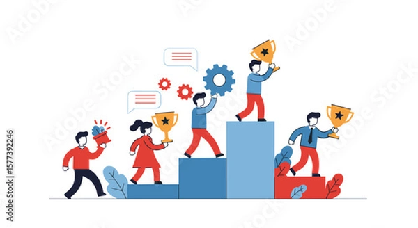 Fototapeta Business team reaching success with trophies and collaboration in modern design