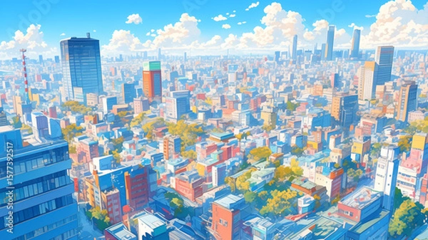 Fototapeta 都会の風景と夏の空、入道雲と澄んだ青空、ビルが立ち並ぶシティスケープをシンプルなタッチで描いたイラスト、レトロなテイストと現代の融合が魅力の街並み素材