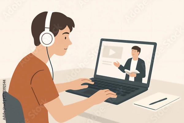 Fototapeta Boy learning through online video class on laptop with headphones and book attending remote education lesson at home