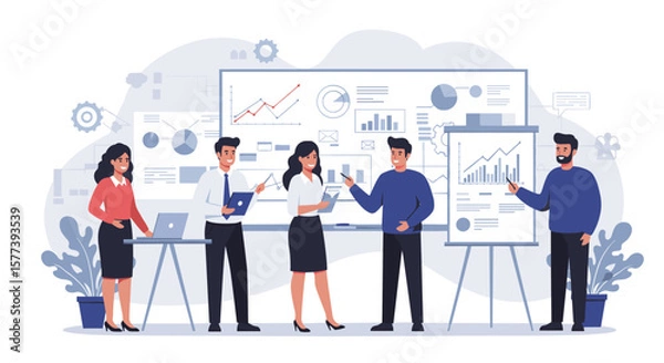 Fototapeta Team meeting and data analysis concept with charts and graphs in flat style