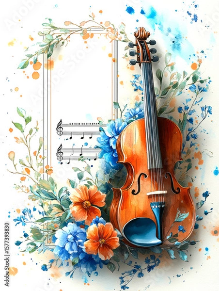 Fototapeta violin with notes surrounded by decorative floral elements and watercolor splashes, space for text