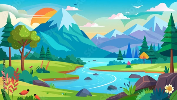 Fototapeta Vector art of a vibrant cartoon landscape features a winding river flowing through lush green hills, framed by majestic mountains under a bright, sunny sky
