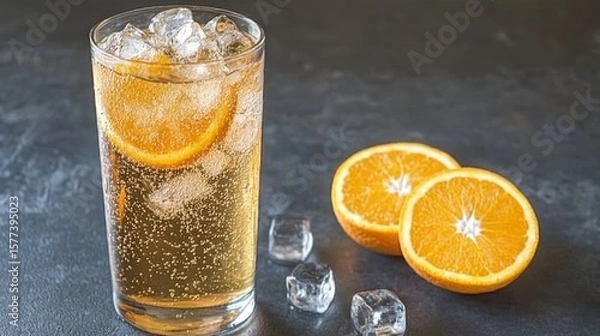 Fototapeta Fizzy Orange Soda in Tall Glass with Ice and Fresh Oranges