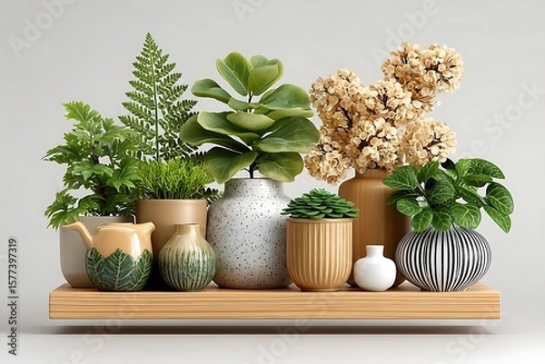 Fototapeta Decorative ceramic plant pots on shelf high resolution image