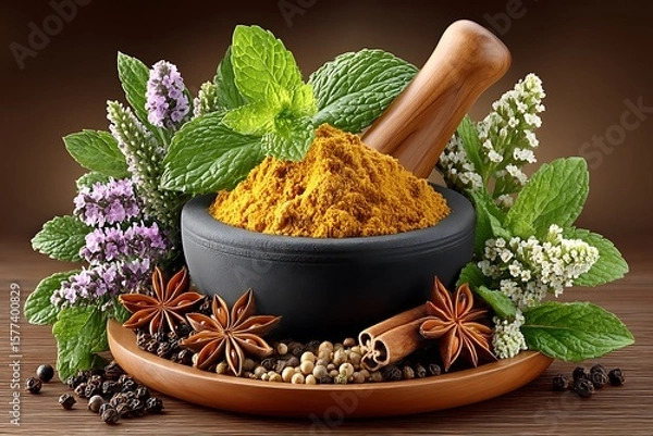 Fototapeta Fresh herbs with powdered spice blend high resolution photo