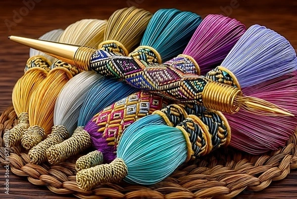 Fototapeta Multicolored thread tassels with gold accent high resolution photo
