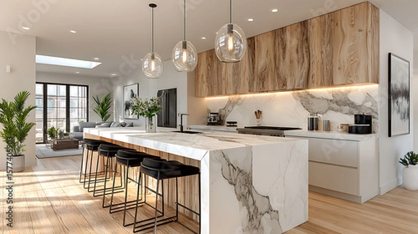 Obraz Kitchen with bar stools and pendant lights