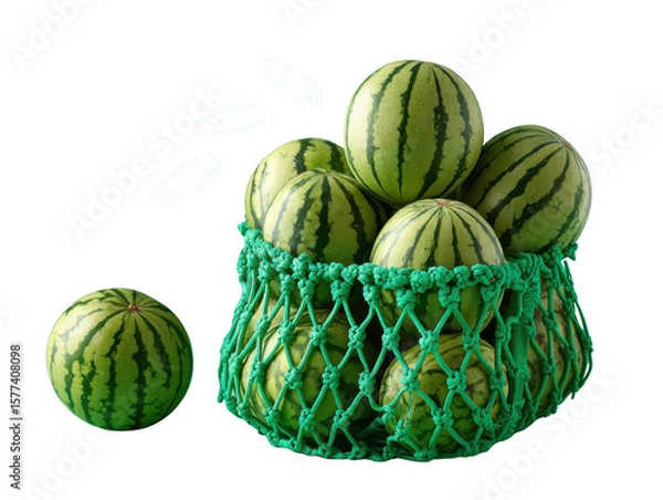 Obraz Summer's Sweetness: A vibrant image showcasing a collection of ripe watermelons, nestled within a green mesh bag. The refreshing scene is captured, with a focus on the natural beauty of the fruit.