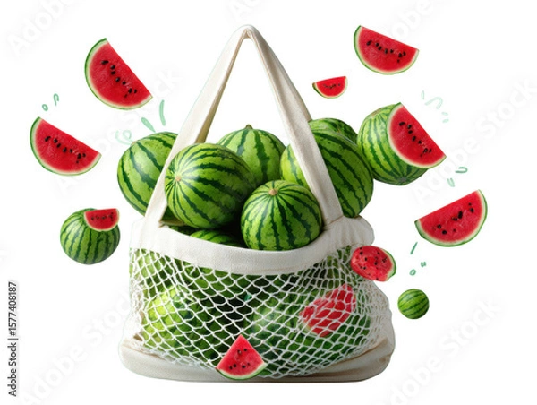 Obraz Refreshing Watermelons in Sustainable Bag: Vibrant watermelons bursts with freshness, arranged within a eco-friendly, sustainable bag.