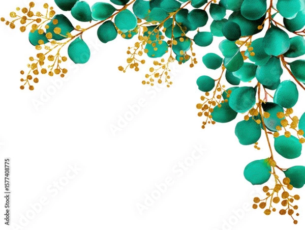Obraz Botanical Beauty: An elegant botanical illustration showcases the natural allure of eucalyptus branches with verdant leaves and delicate golden accents.