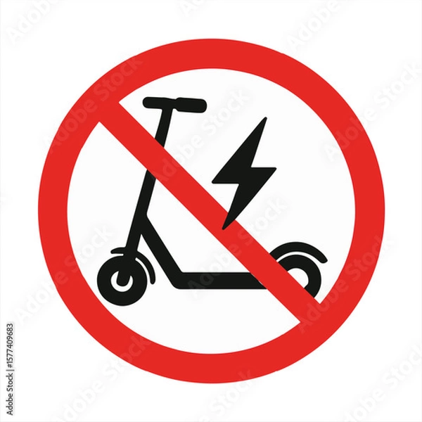Obraz No electric scooter allowed icon, with red prohibition sign and lightning bolt symbol isolated on white background for transportation restriction concept vector illustration

