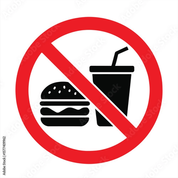 Fototapeta No fast food icon symbol, with red prohibition circle and cross showing burger and soda for unhealthy eating or food restriction concept vector illustration

