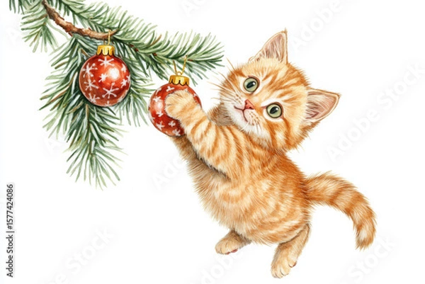 Fototapeta A ginger kitten grabs a Christmas tree toy on a branch