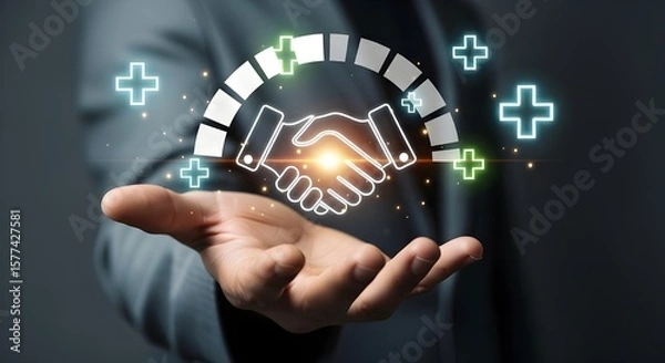 Fototapeta Business partnership handshake icon with glowing plus signs and sparks over a hand