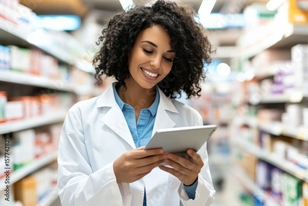 Obraz Smiling pharmacist using digital tablet in drugstore aisle