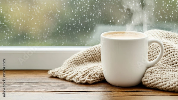 Fototapeta Steaming mug of hot cocoa on windowsill with rain outside creates cozy atmosphere