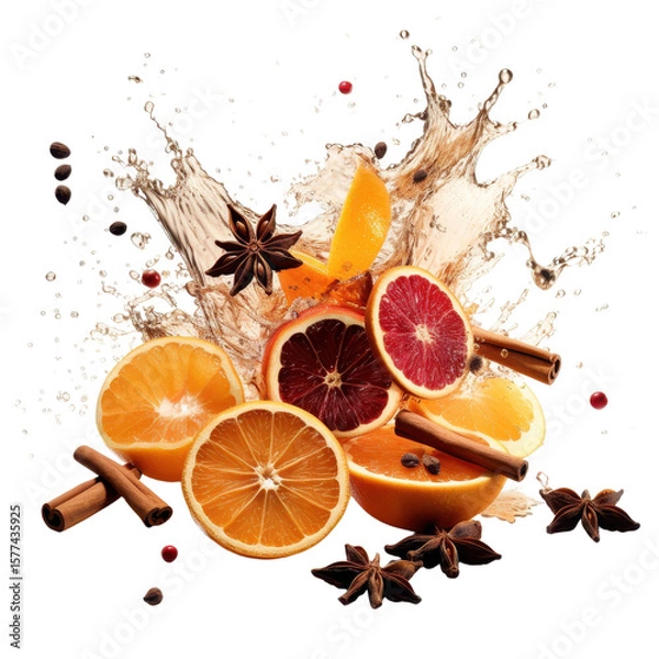 Fototapeta splashes of mulled wine and falling cinnamon dried orange isolated on transparent background.