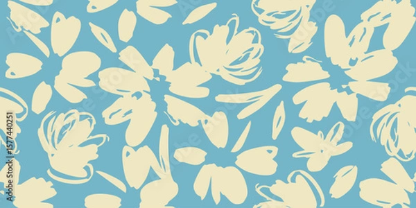 Fototapeta Hand drawn flowers on blue backgrounds, seamless patterns with floral for fabric, textiles, clothing, wrapping paper, cover, banner, interior decor.