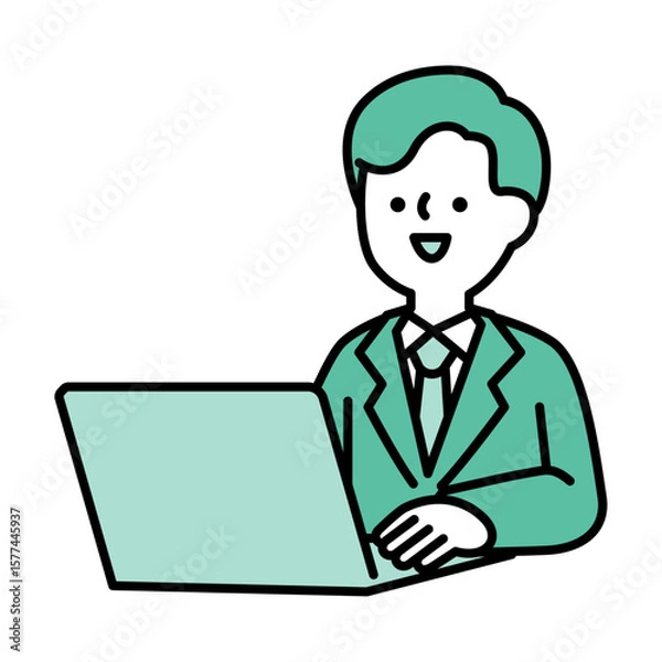 Fototapeta ノートパソコンを操作して仕事をしているスーツのビジネスパーソン男性のイラスト素材
