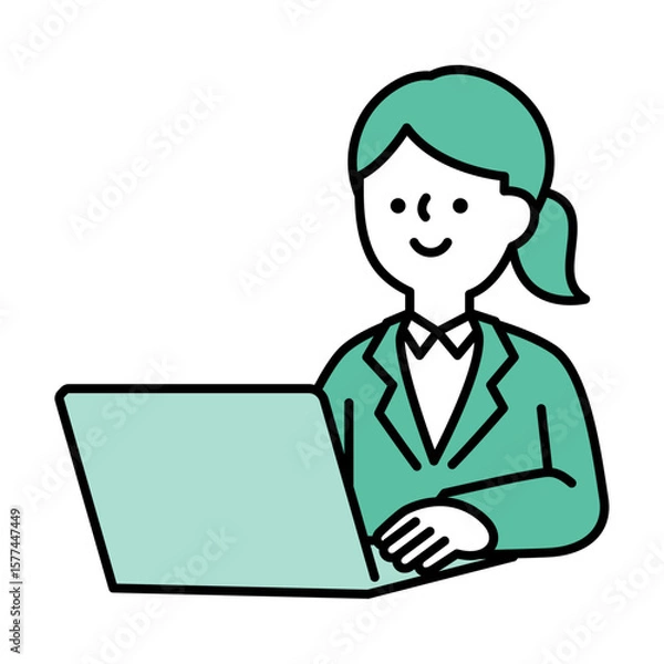 Fototapeta ノートパソコンを操作して仕事をしているスーツのビジネスパーソン女性のイラスト素材