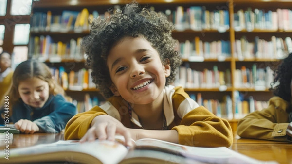 Fototapeta Happy children reading books in the library