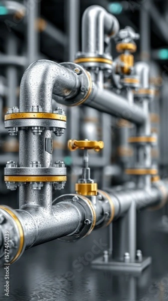 Obraz Industrial piping system with metallic pipes and brass valves under bright lighting