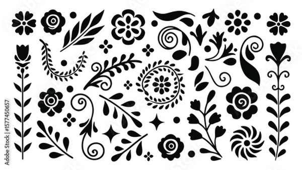 Fototapeta Collection of stylized black floral elements including flowers leaves and swirls in a vector graphic