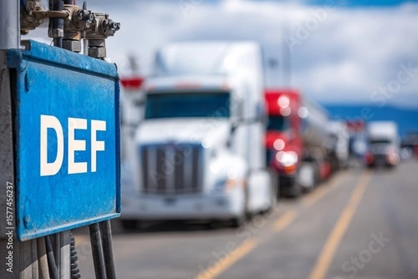 Fototapeta Diesel Exhaust Fluid DEF Sign at Truck Stop with Trucks in Background