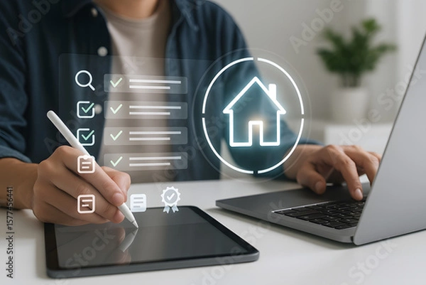 Obraz Person Using Tablet and Laptop with Home Checklist Overlay