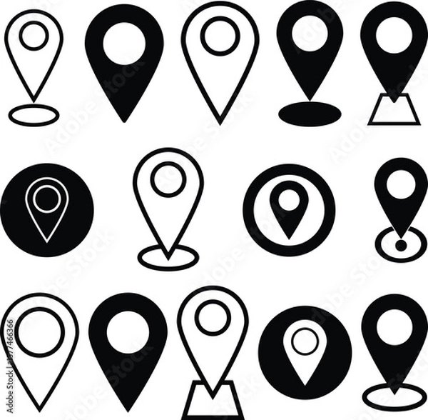 Obraz Map location pin icon set vector illustration. A graphic element perfect for web design, navigation apps, and user interface projects.