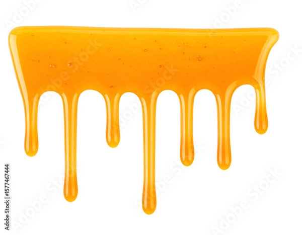 Fototapeta vertical elongated honey drip with smooth texture and sticky golden syrup flowing downward on isolated background

