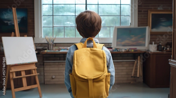 Obraz Elementary school boy entering art studio with yellow satchel ready to paint at easel