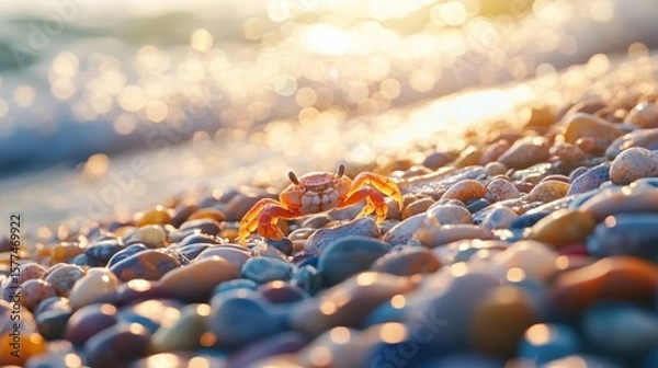 Obraz Tiny orange crab on colorful beach stones, sunlit waves