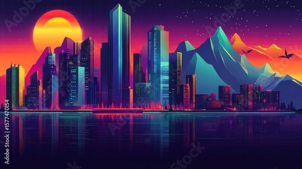 Obraz Vibrant city skyline at sunset, reflected in water, with stylized mountains