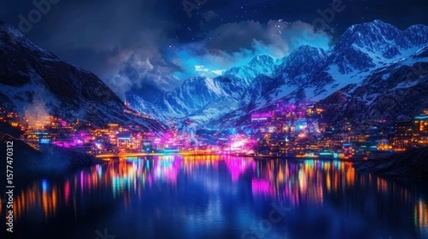 Obraz Vibrant mountain village at night, reflected in a lake.  Snowy peaks, colorful lights