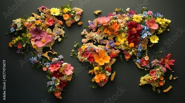 Obraz World map adorned with vibrant flowers of various colors